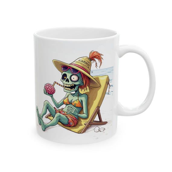 Bikini Zombie Coconut Drinking Mug, Funny Halloween Coffee Cup, Horror Beach Chair Gift, Ceramic Mug 11oz 15oz, Halloween Decor, Spooky