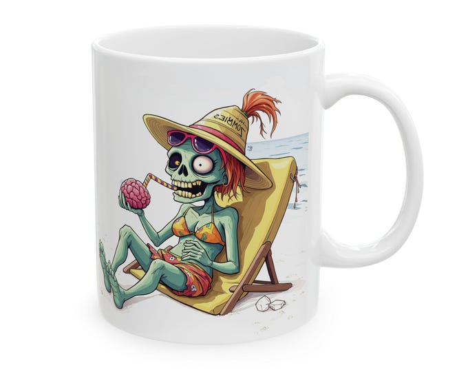 Bikini Zombie Coconut Drinking Mug, Funny Halloween Coffee Cup, Horror Beach Chair Gift, Ceramic Mug 11oz 15oz, Halloween Decor, Spooky
