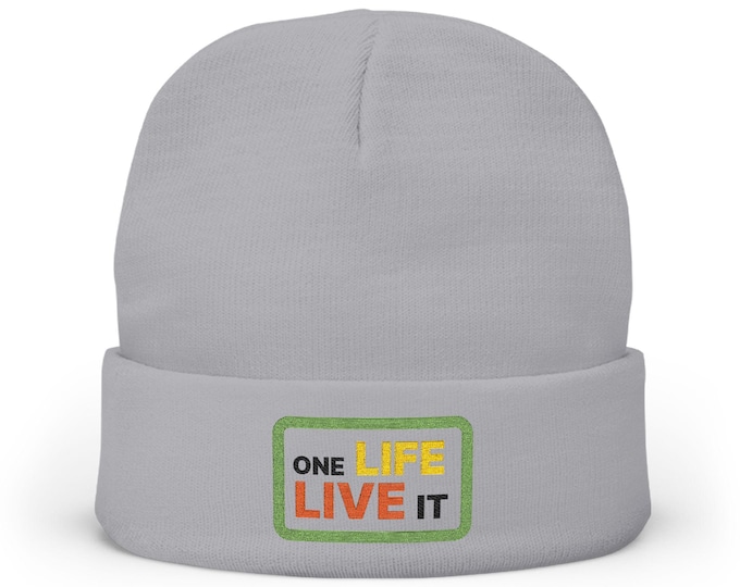 Embroidered Positivity Knit Beanie, Inspirational Embroidered Hat, One Life Live It Beanie, Positive Vibes Winter Cap, Motivational Knitted