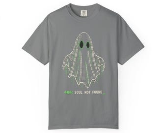 404 Soul Not Found Ghost Tee | ASCII Programmer Halloween Shirt (Grey)