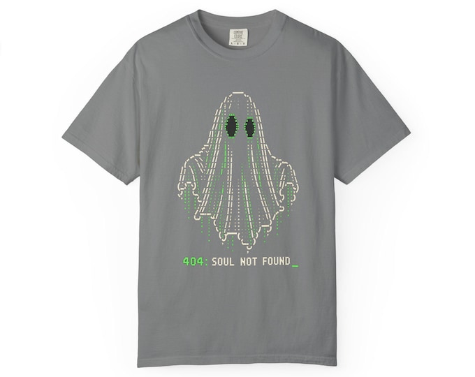 404 Soul Not Found Ghost Tee | ASCII Programmer Halloween Shirt (Grey)