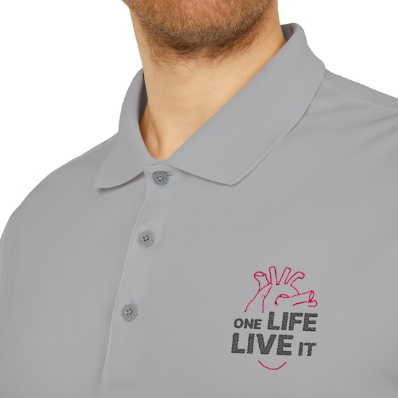 Adidas Polo with Pink Anatomical Heart & One Life Live It Text | Bold Embroidered Statement Shirt for Unique Style Lovers