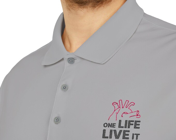 Adidas Polo with Pink Anatomical Heart & One Life Live It Text | Bold Embroidered Statement Shirt for Unique Style Lovers