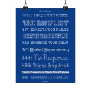 May include: A blue poster featuring a list of HTTP status codes in white text, such as "404: UNAUTHORIZED" and "418: I'M A TEAPOT." The design is minimalist, with the text arranged in a grid. The DressCoder and FantASCII logos are visible.