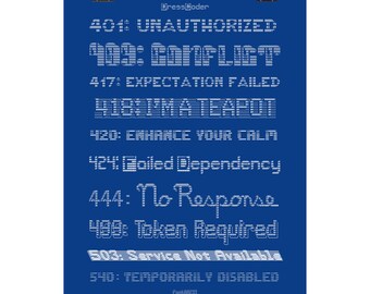 May include: A blue poster with white text listing various HTTP status codes, including "404: UNAUTHORIZED" and "418: I'M A TEAPOT." The poster has a minimalist design with the text arranged in a grid. The DressCoder and FantASCII logos are at the top and bottom.