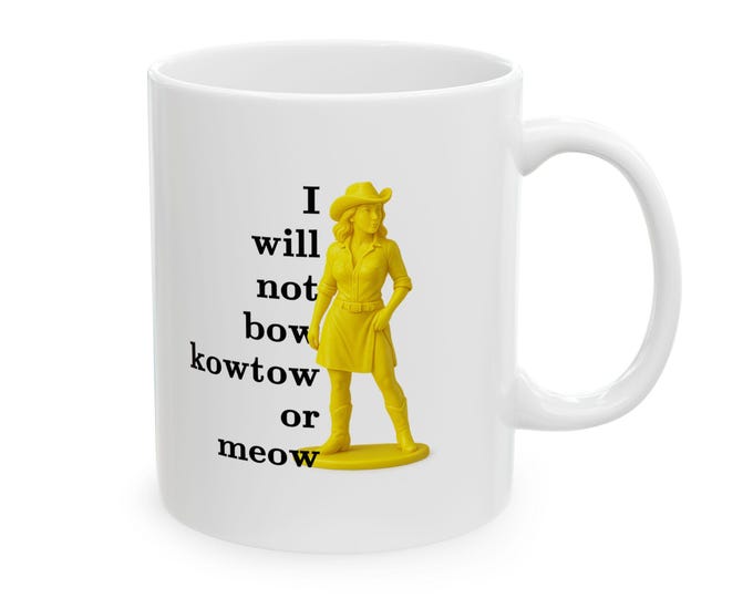 Yellow Plastic Cowgirl Ceramic Mug, Funny Coffee Cup for Strong Women, Gift for Her, Kitchen Decor, Novelty Tea Mug, Unique Gift