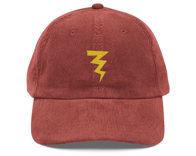 Vintage Corduroy Cap with Lightning Bolt Embroidery, Retro Hat, Stylish Casual Wear, Unisex Fashion, Gift for Him or Her