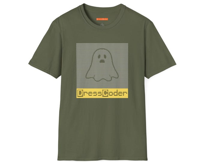 Halloween Dresscoder Ghost Unisex Softstyle T-Shirt, ASCII Coder Shirt, Spooky Programmer Tee, Halloween Costume Top, Tech Geek Apparel