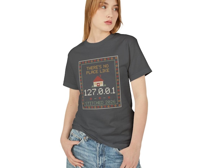 No Place Like 127.0.0.1 Cross Stitch Tee | Funny Programmer Shirt, Vintage Sampler Coder Gift