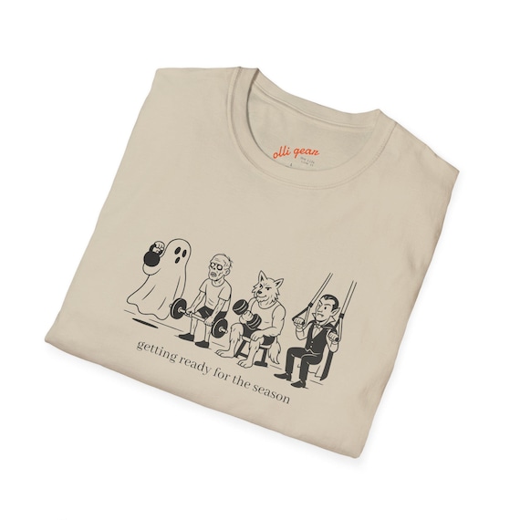 funny classy Halloween T-shirt with shadowy characters 'getting in shape for the season'
