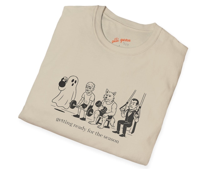 funny classy Halloween T-shirt with shadowy characters 'getting in shape for the season'