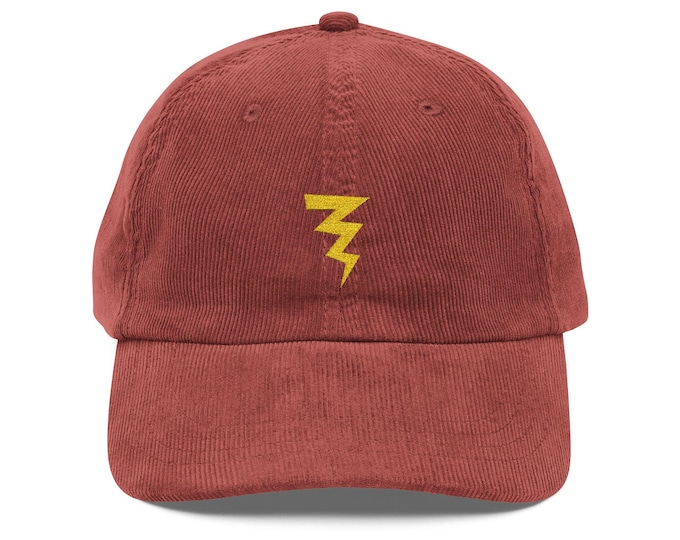 Vintage Corduroy Cap with Lightning Bolt Embroidery, Retro Hat, Stylish Casual Wear, Unisex Fashion, Gift for Him or Her