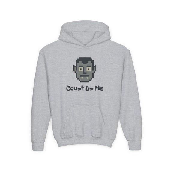 Non-Scary Dracula Spooky Season Kids Hoodie, Count on Me 8 Bit Pixel Art, Youth Heavy Blend Sweatshirt, Halloween Vampire Theme
