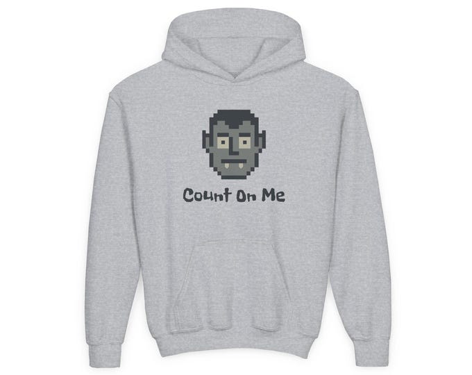 Non-Scary Dracula Spooky Season Kids Hoodie, Count on Me 8 Bit Pixel Art, Youth Heavy Blend Sweatshirt, Halloween Vampire Theme