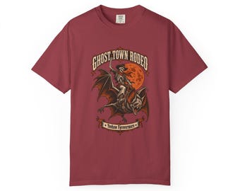 Burgundy Skeleton Cowboy T-Shirt | Ghost Town Rodeo Gothic Tee (100% Cotton)