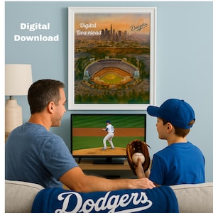 Dodger Stadium Watercolor Print, Los Angeles Baseball Art, LA Skyline Digital Download, Dodger Fan Gift, Sports Wall Art Printable, Man Cave