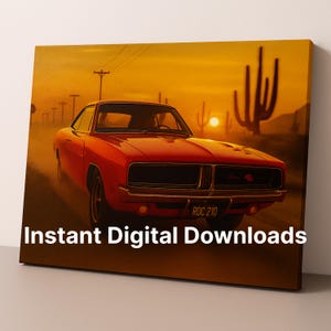 Arte mural del Dodge Charger de 1969, póster de muscle car, descarga digital de coches clásicos, impresión de coches al atardecer, decoración de garaje, arte de cuevas masculinas
