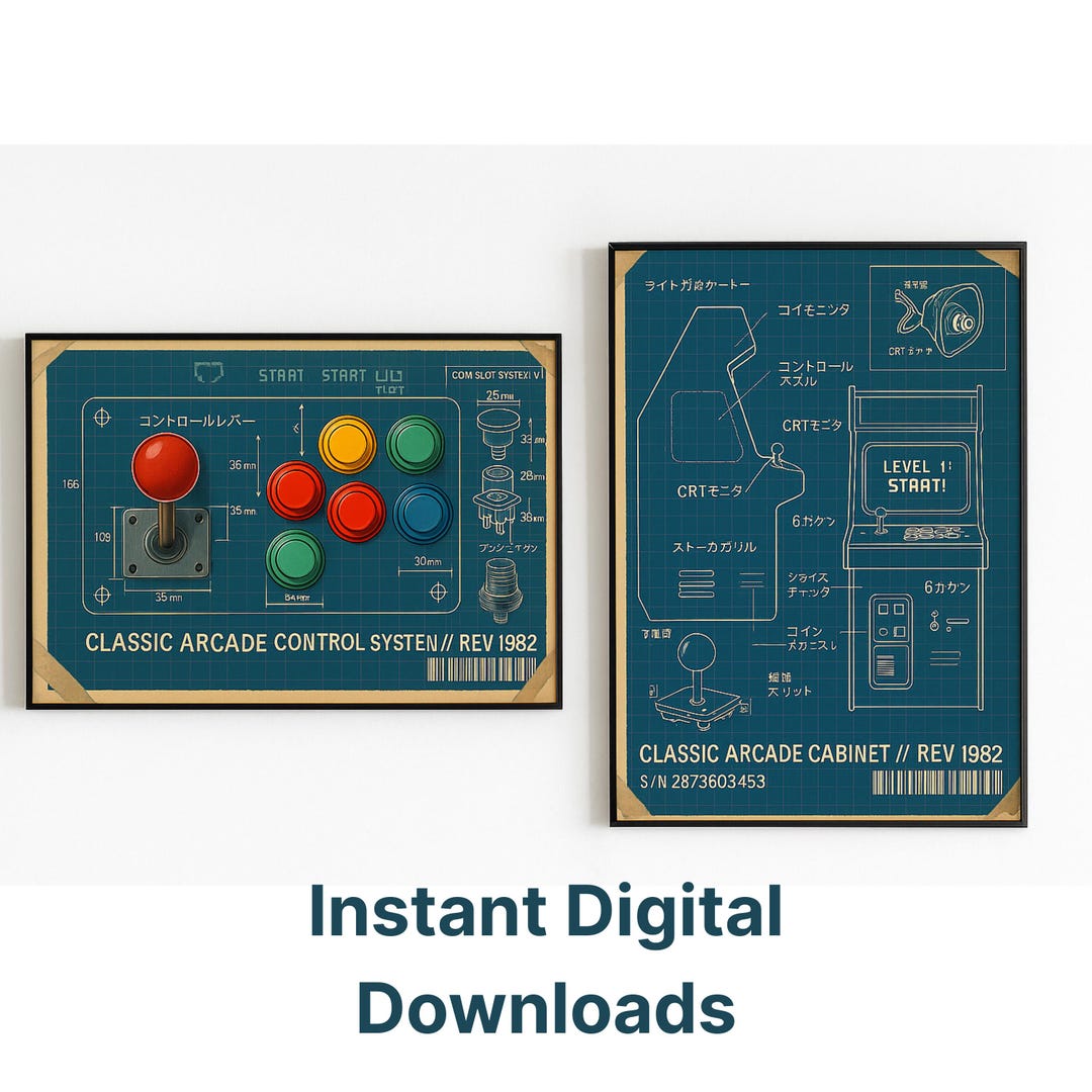 Retro Arcade Blueprint Poster Set – Joystick & Cabinet Prints – Game ...