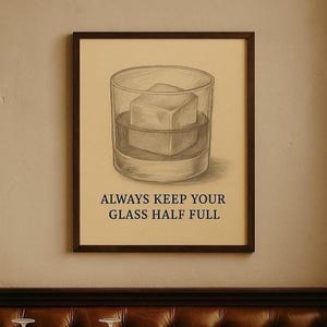 "Bleistiftskizze Bourbonglas Wandkunst - "Halten Sie immer Ihr Glas halb voll" - Rustikale Mann Höhle Dekor, Whisky-Liebhaber Printable."