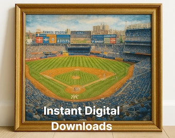 Op de afbeelding: Een ingelijste prent van Yankee Stadium, met een gedetailleerde illustratie van het honkbalveld, de tribunes en het scorebord. Het kunstwerk staat in een gouden lijst en bevat onderaan de tekst "Instant Digital Downloads".
