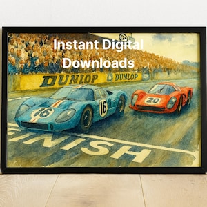 Le Mans 1967 Finish Line Watercolor Print – Ford GT vs Ferrari 330 P4 Racing Poster, Vintage Motorsport Wall Art, Car Enthusiast Gift