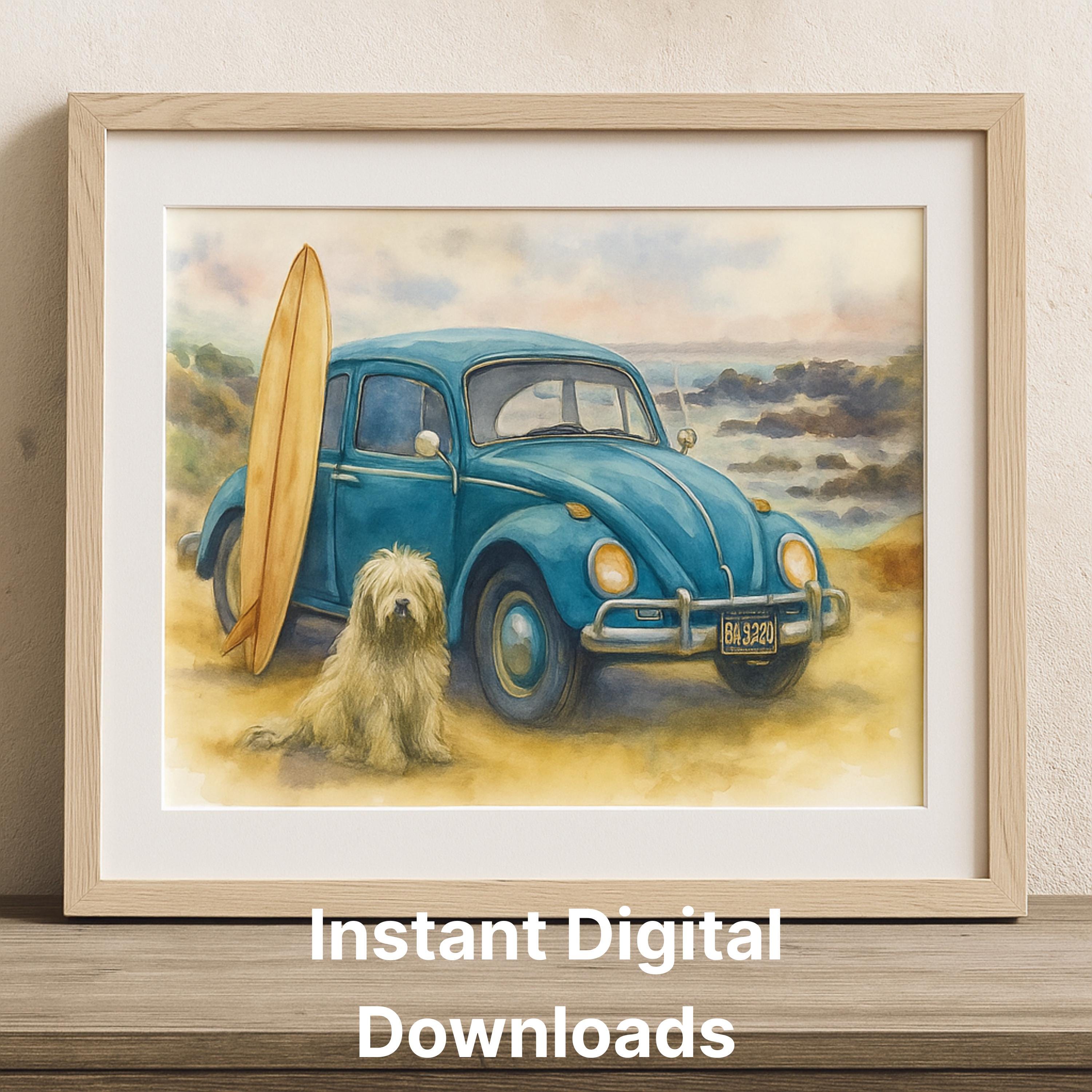 Vintage VW Surf Art | Watercolor Beach Bug Print With Dog