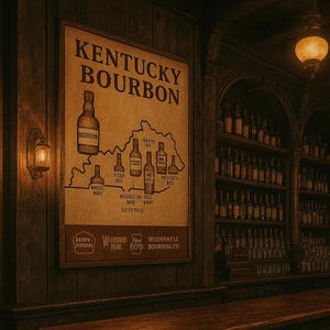 Carte de la distillerie de bourbons du Kentucky - oeuvre d'art mural vintage avec bouteilles dessinées à la main, décoration de bar rustique, homme des cavernes, cadeau du Sud, affiche imprimable