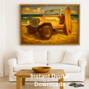 Impresión de pintura al óleo de un Jeep Renegade vintage en la playa / Arte mural de un Jeep surfero / Decoración costera todoterreno 4x4 / Póster retro de aventura en Jeep