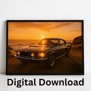 Classic Shelby Mustang Wall Art, Sunset Cliffside Digital Print, Muscle Car Decor, Garage Art Download, Bonus Retro Theater Image