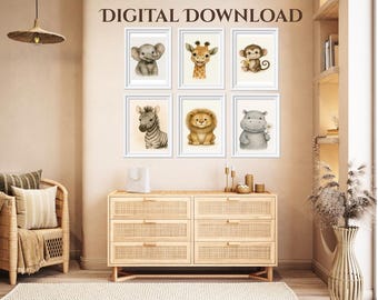 Safari Nursery Digital Download, Baby Animal Wall Art Prints, Jungle Nursery Decor, Elephant Giraffe Lion Zebra, Instant Download