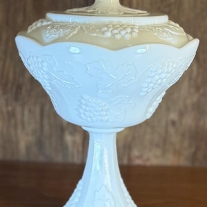 Milk Glass vintage pedestal bowl with lid, paneled grapes and leaf pattern, candy dish,  9.5&quot; tall and approximately 6.5&quot; wide
