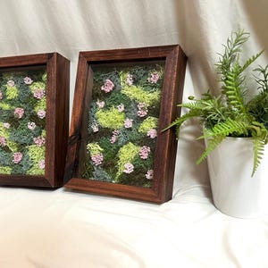 Set of 2 Mini Moss Shadow Boxes | Preserved Moss & Pink Flower Wall Decor | Nature-Inspired Cottagecore Art