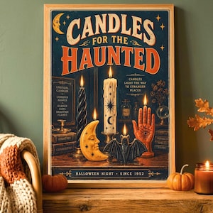 Może przedstawiać: Prostokątny plakat w ramie zatytułowany Candles for the Haunted na ciemnoniebieskim tle. Zawiera ilustracje zapalonych świec, twarzy półksiężyca, nietoperza i dłoni do chiromancji. Tekst zawiera napis Halloween Night Since 1952.