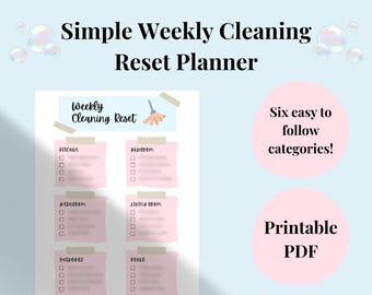 May include: A light blue printable planner titled "Simple Weekly Cleaning Reset Planner." The planner features six categories with checkboxes, including Kitchen, Bedroom, Bathroom, Living Room, Outdoors, and Other. The text "Printable PDF" is also visible.