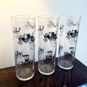 Vintage Mid-Century Carriage Print Collins Glasses – Set of 3 Tall Highball Glasses – Black & White Horse-Drawn Design
