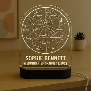 Veilleuse Constellation personnalisée cadeau personnalisé avec base LED lampe de table acrylique carte des étoiles de mariage gravée au laser