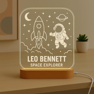 Space Rocket and Astronaut Custom Night Light Personalized LED Gift for Boys with Laser Engraved Acrylic Plate and Wooden Base