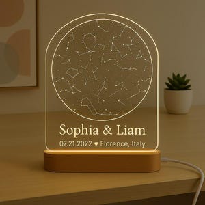 Veilleuse Constellation personnalisée, cadeau personnalisé, date de mariage, carte des étoiles, base LED avec motif acrylique gravé au laser