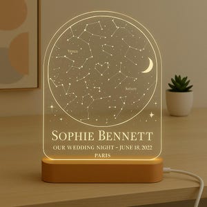 Cadeau personnalisé veilleuse personnalisée avec date de mariage, carte des étoiles gravée au laser sur base LED acrylique pour couples