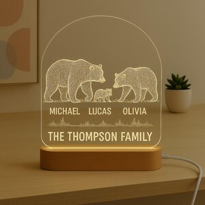 Family of Bears Custom Night Light Personalized Gift with LED Base Laser Engraved Acrylic Plate for Kids and Home Decor