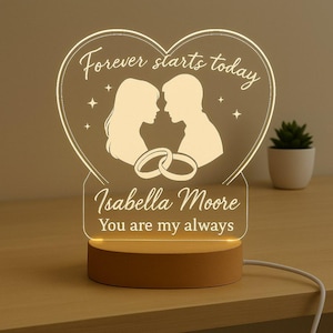 Heart-Shaped Custom Night Light Personalized LED Gift with Vow Engraving and Laser Engraved Acrylic Plate on Wooden Base