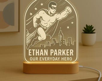 Personalized Superhero Custom Night Light with LED Base - Laser Engraved Acrylic Comic Style Gift for Kids and Superhero Fans