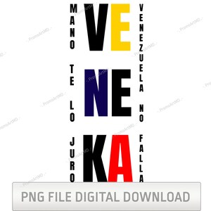 May include: A digital download graphic with the word "VENEZUELA" vertically stacked in black, yellow, blue, and red. The text "PNG FILE DIGITAL DOWNLOAD" is at the bottom in a white rectangle. The background is white.