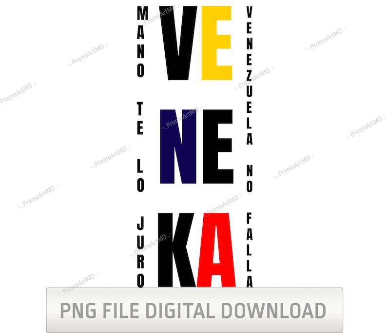 May include: A digital download graphic with the word "VENEZUELA" vertically stacked in black, yellow, blue, and red. The text "PNG FILE DIGITAL DOWNLOAD" is at the bottom in a white rectangle. The background is white.