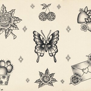 May include: A collection of traditional tattoo flash art featuring a butterfly, roses, strawberries, cherries, a cactus, and an envelope with a heart. The designs are in black and white with shading, surrounded by starbursts. The text "CHERRY 25" is at the bottom.