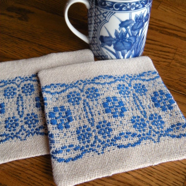 Handwoven Drink Coasters, Beige and Blue Fabric Coasters, Set of Two Coasters, Woven Mug Rugs, Hand Woven Coasters, Coaster Set, Weaving