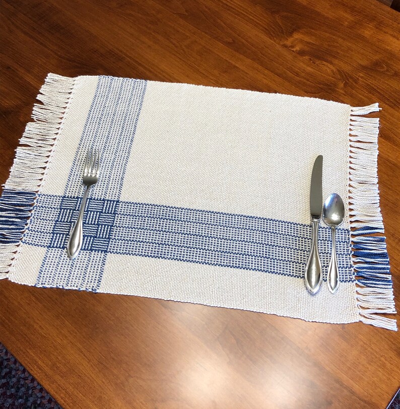 Placemats Set of 4 Handwoven Beige and Blue Cotton Etsy