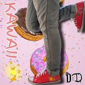 May include: Red sneakers with white laces and a yellow star design. The image features the word "KAWAII" in pink, along with donut graphics and a pink background. The sneakers are worn with blue jeans.