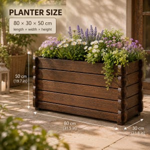 May include: A rectangular dark brown wooden planter box filled with white daisies and purple flowers. The text PLANTER SIZE 80 x 30 x 50 cm length x width x height is visible. Dimensions are 31.5 inches long, 11.8 inches wide, and 19.7 inches high.