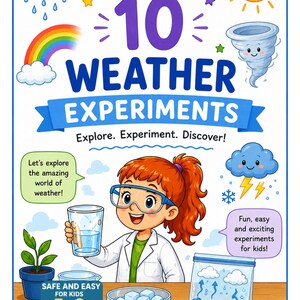 Może przedstawiać: Cyfrowy przewodnik edukacyjny zatytułowany My First 10 Weather Experiments z postacią z kreskówki w fartuchu laboratoryjnym i goglach. Okładka zawiera ilustracje słońca, chmur, tęczy i tornada, 15 stron oraz informację o formacie PDF.